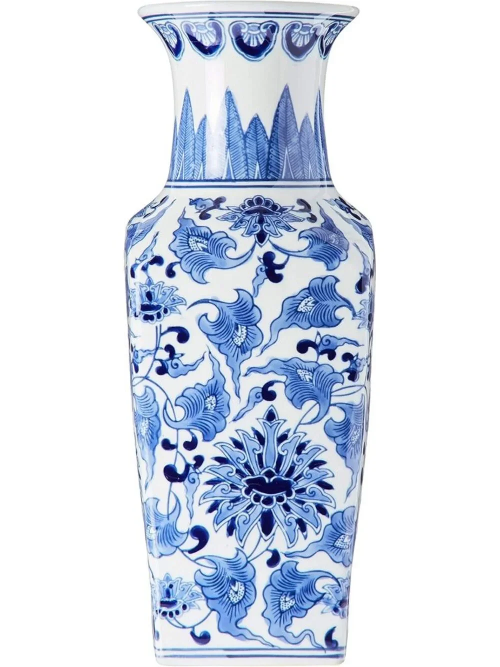 Elegant Blue and White Chinoiserie Porcelain Square Vase for Home Decor - 15299A